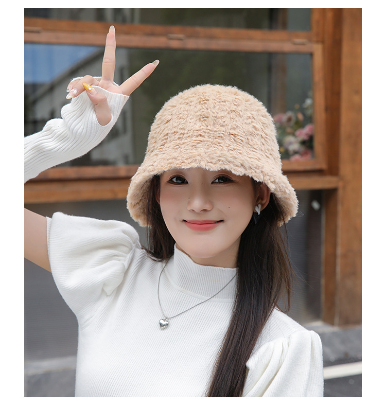 Autumn and Winter New Women's Solid Color Warm Fury Pot Hat with Large Headband, High Quality and Simple Bucket Hat Tide_voghion.com