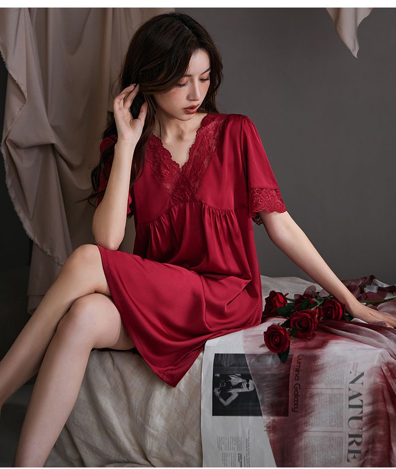 Women's Sleepwears Large Lace Nightdress Medium Length Ice Silk Short Sleeved Simple Large Size Nightdress Home Clothes_voghion.com