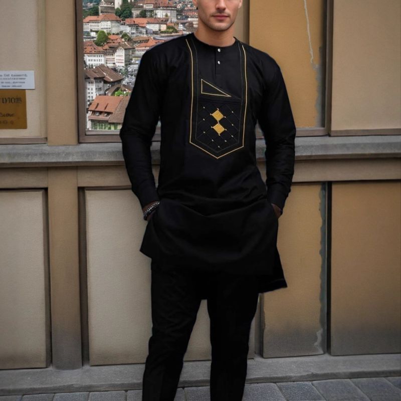 Terno masculino kaftan bordado de manga comprida estilo étnico muçulmano de 2 peças_voghion.com