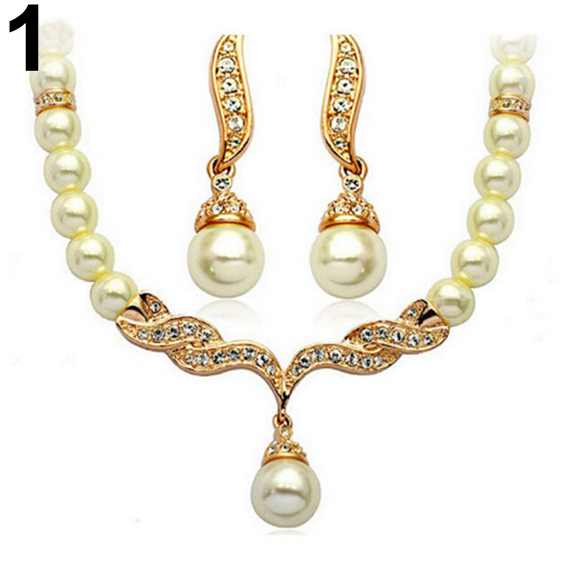 Qianbihe Bridal Women Naszyjnik Perła Kryształki Charms Kolczyki Ślubne Zestaw Biżuterii_voghion.com