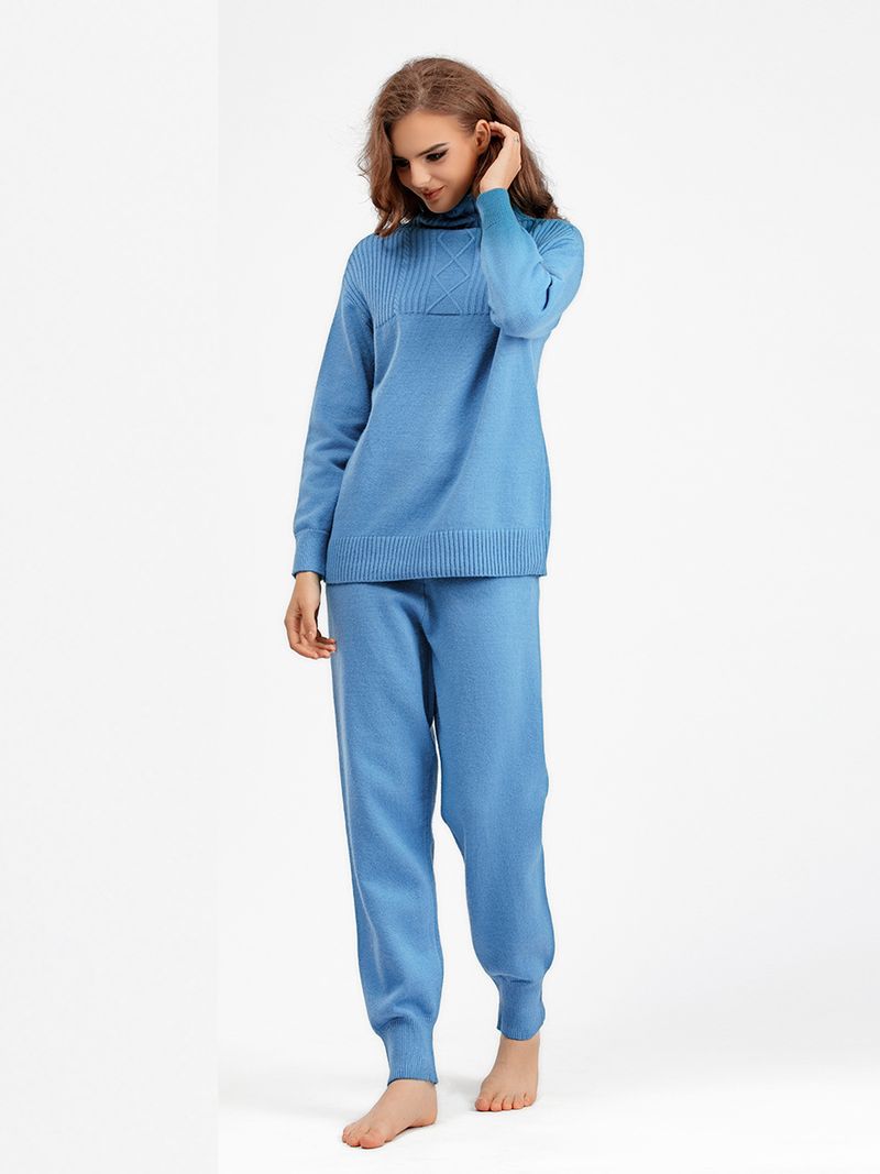 Ensemble de pantalons tricotés doux et polyvalents pour femmes, col mi-haut, pull ample décontracté, vent doux_voghion.com