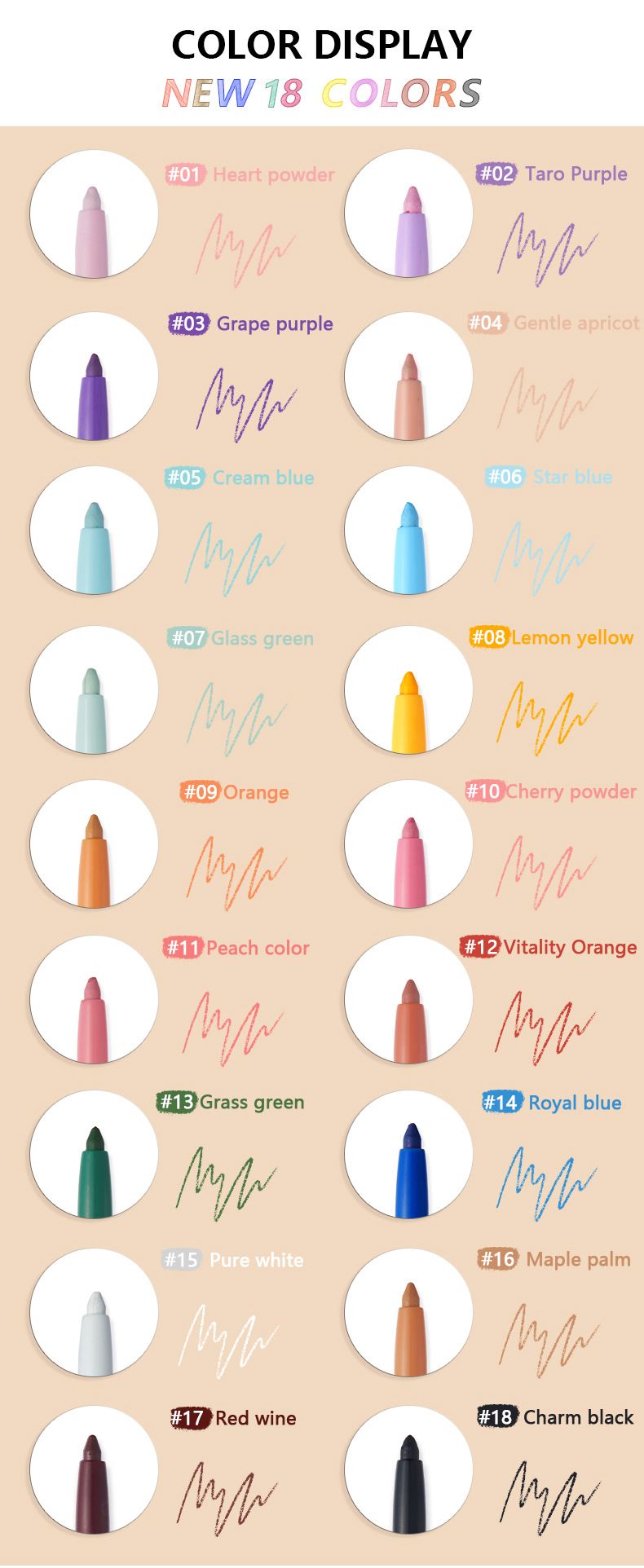 Pudaier Långvarig, svettsäker Eyeliner Pen 18 färger Lätt att kontur Vattenbeständig makeup Brun Universal För alla hudar_voghion.com