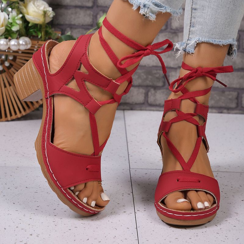 Plus Size Chunky Heel Spring Summer New Hollow Peep Toe Flower Buckle Casual Women's Sandals Strappy_voghion.com