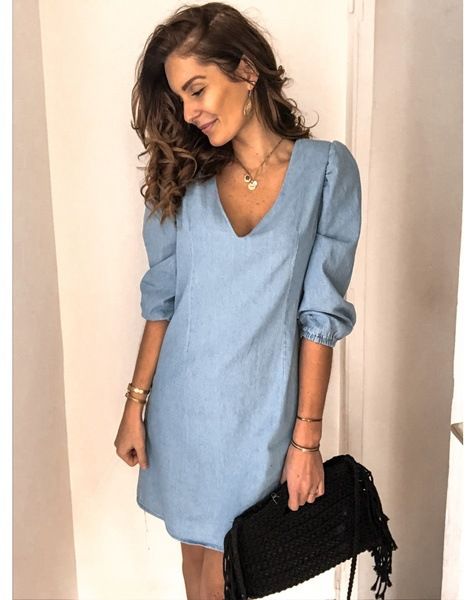 Women's Outnet Solid Color V-neck Short Sleeve Casual Loose Plus Size Plus Size Denim Dress_voghion.com