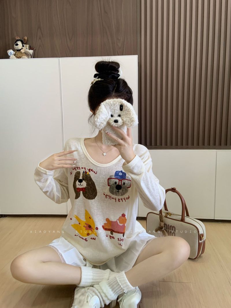 Apricot Cartoon Print Design, Long Sleeved T-shirt, Women's Early Autumn Lazy Style, Loose And Casual Interior, Round_voghion.com
