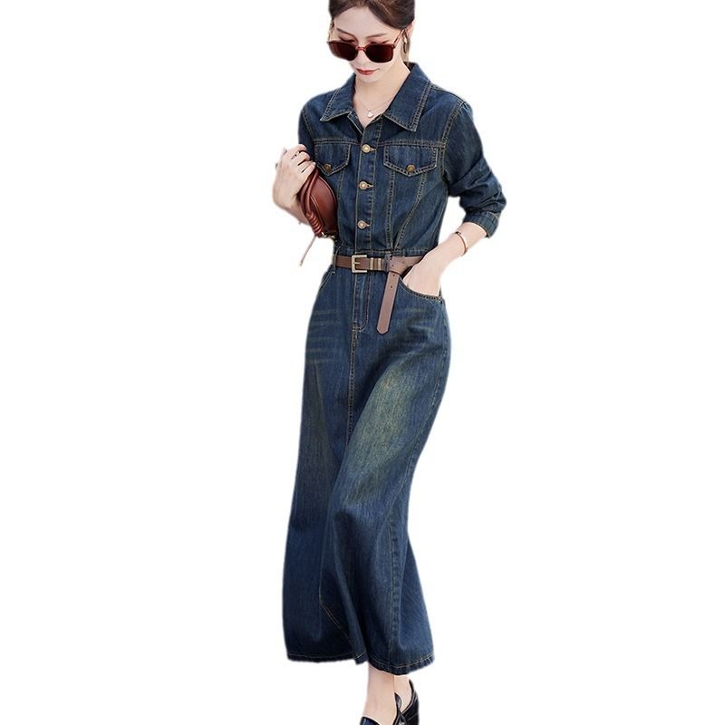Abito in denim con maniche europee per donna in primavera e autunno, nuova gonna lunga aderente con cintura in vita_voghion.com