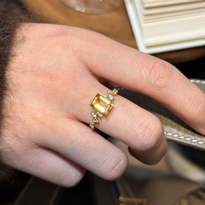 S Pure Silver Natural Yellow Crystal Square Sugar For Women, Light Exquisite Luxury, Niche High-end Index Finger Ring_voghion.com