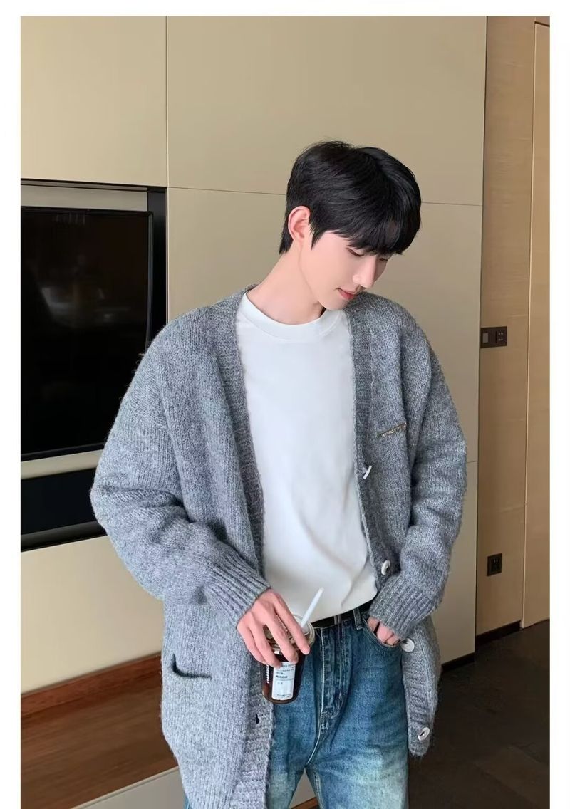 Cardigan con scollo a V, maglione lavorato a maglia da uomo, morbido e soffice, a mezza lunghezza, capospalla pigro_voghion.com