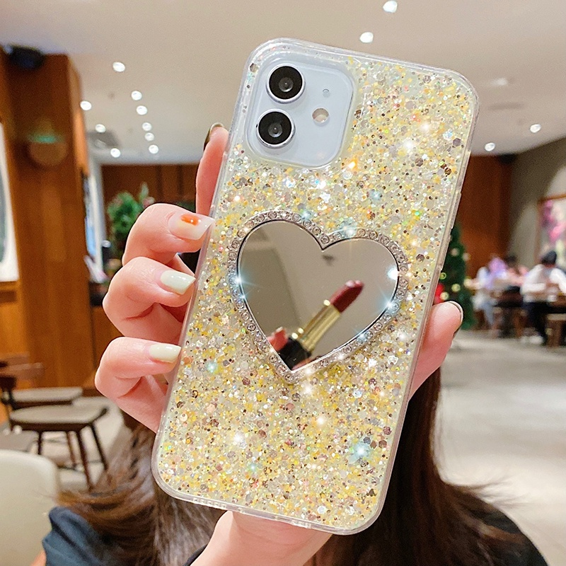 Phone Case for Samsung Galaxy A54 A34 5G SamsungA34 Shiny Diamond Silver Peach Heart Makeup Mirror Silicagel Soft Cover_voghion.com