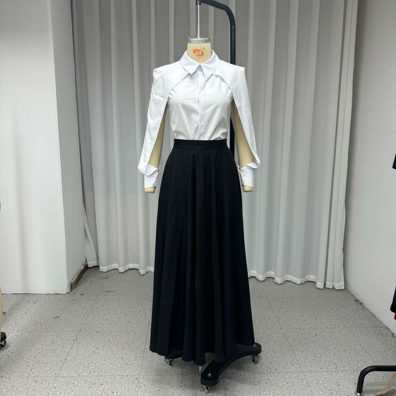 Vêtements pour femmes Ensemble deux pièces tendance pour dames, robe à revers, manches longues, couleur unie creuse_voghion.com