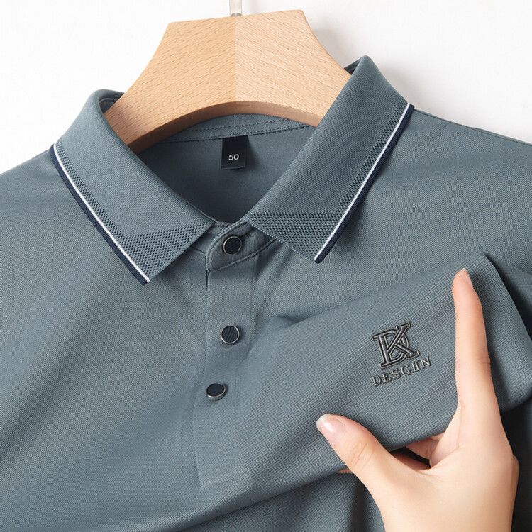 High Qualiy Middle-Aged Ice Silk Shor Sleeved T-Shir For Men's Summer 2024 New Lapel Dad Oufi Solid Color Polo_voghion.com
