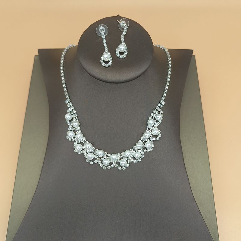 Set di gioielli da donna, set di gioielli in argento alla moda, orecchini di perle, collana, bracciale, set da sposa per matrimonio_voghion.com