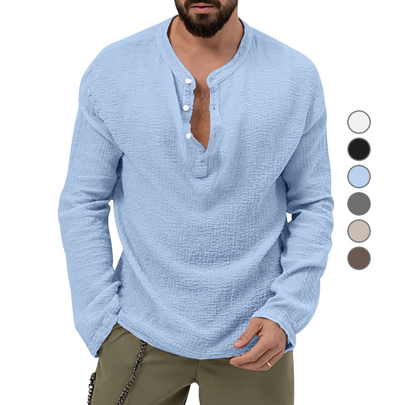 Camicia casual da uomo in tessuto a bolle, a maniche lunghe, tinta unita, con bottoni, tendenza 2023_voghion.com