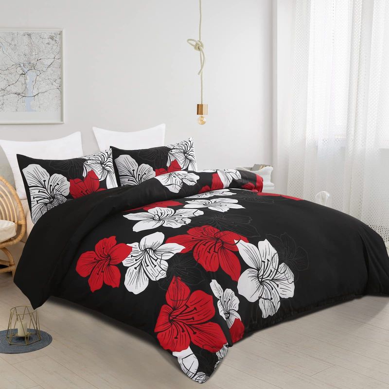 Set di biancheria da letto traspirante con motivo floreale in morbida fibra, tre pezzi, copripiumino e copripiumino._voghion.com