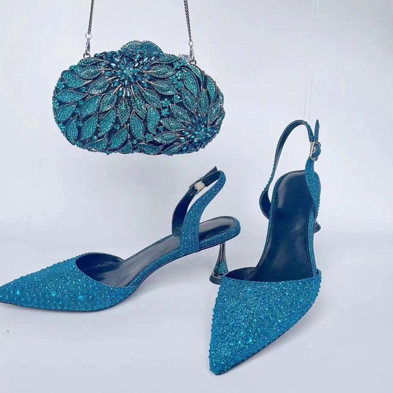 Evening Match With Sparkling Diamond Embellished High Heeled Sandals And Imitation Drawstring Jewel Handbag Set Shoes And Bag_voghion.com