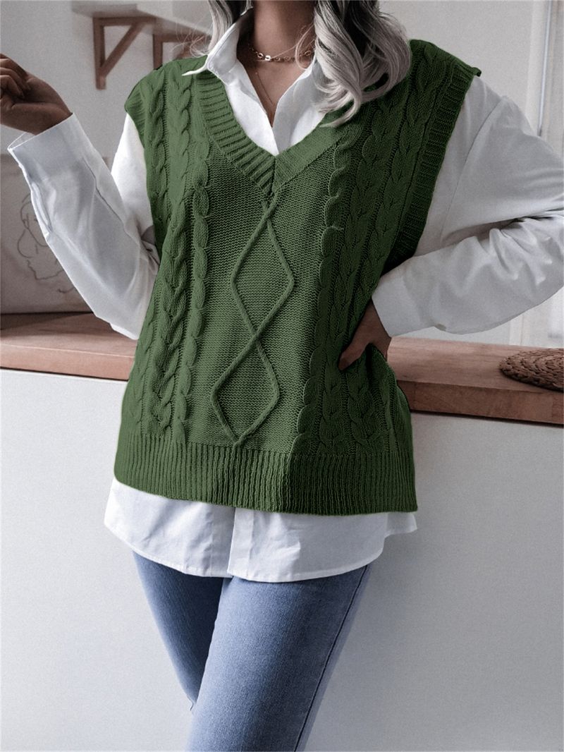 Maglione gilet casual in maglia larga con scollo a V e motivo a trecce, autunno inverno 2024, moda donna_voghion.com