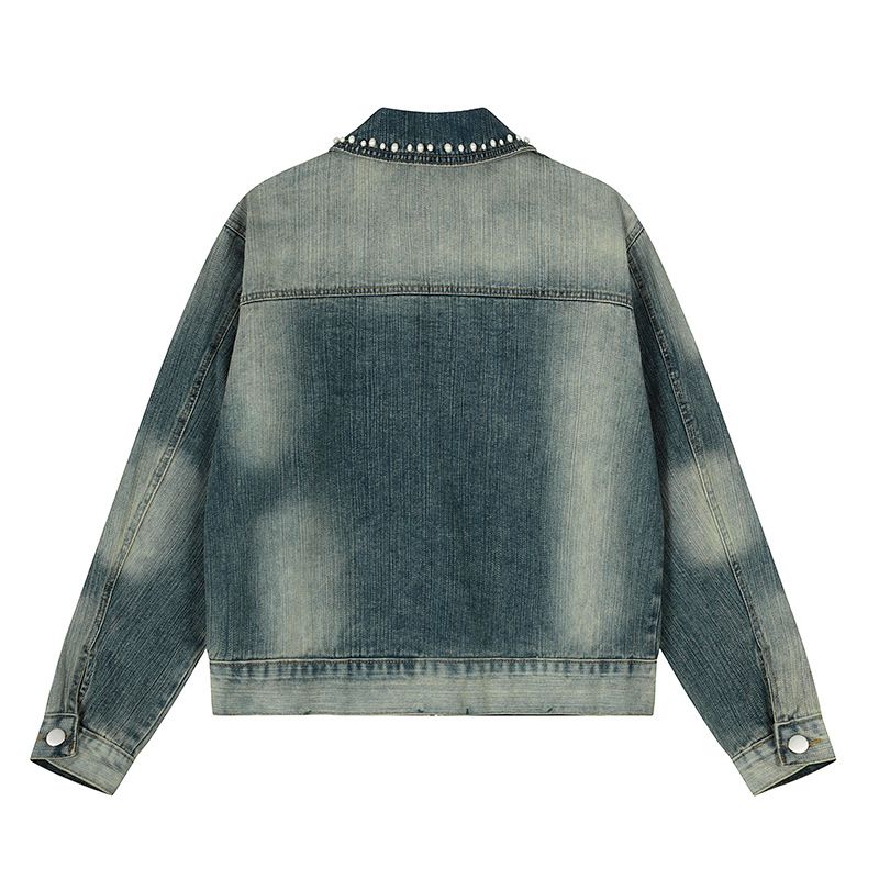 Amerikanischer Stil Perlendesign Abgesteppter gewaschener Denim Unisex Neue lose vielseitige kurze Jacke trendig_voghion.com