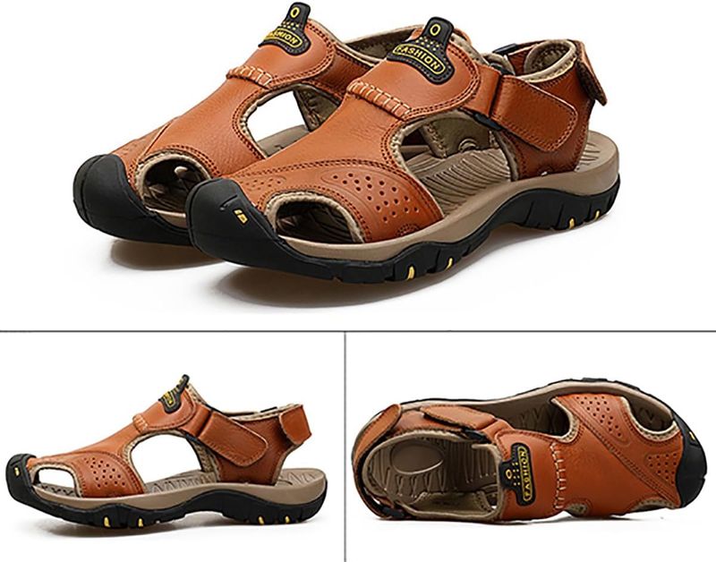 Men's Leather Sandals Closed-toe Sports Sandals soft insoles for Summer Shoes Lightweight and comfortable_voghion.com
