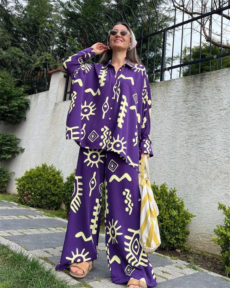 Abbigliamento da donna spot abbigliamento da donna 2024 nuova moda top larghi stampati con lacci pantaloni a vita alta gamba larga set due pezzi_voghion.com