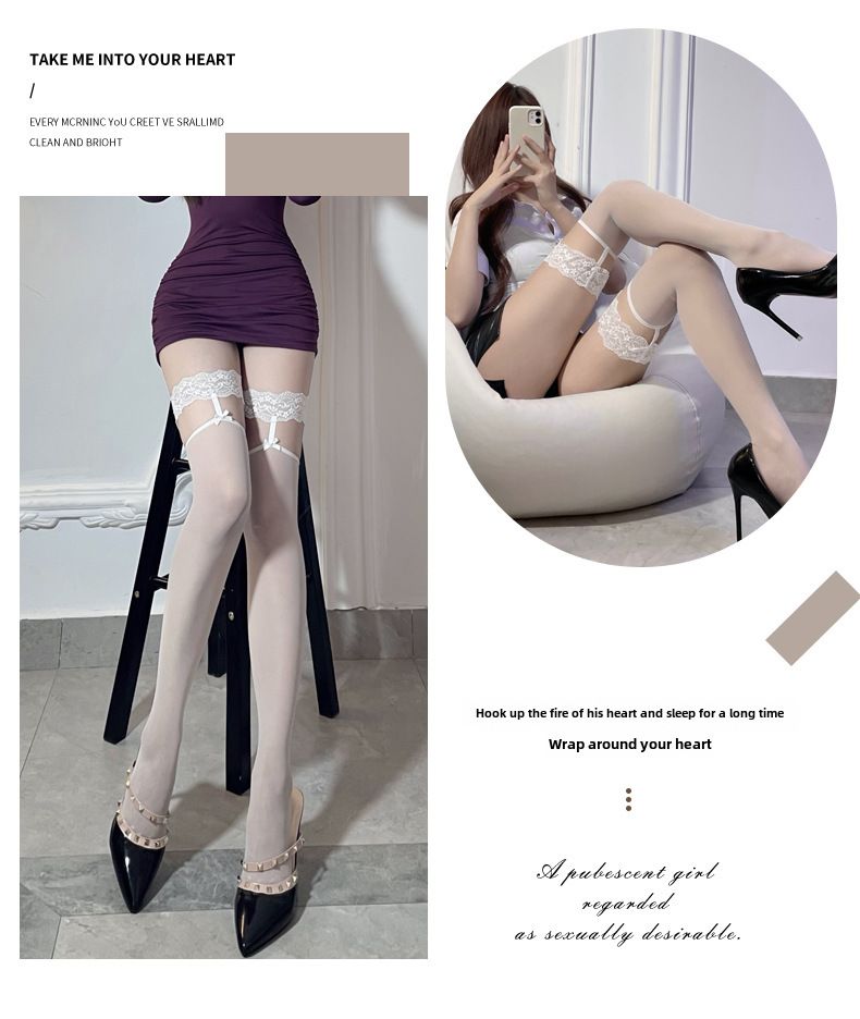 Calze autoreggenti nere con bordo rosso lunghe fino al ginocchio da donna, calze autoreggenti con fiocco in pizzo, famose su Internet, calze divertenti_voghion.com