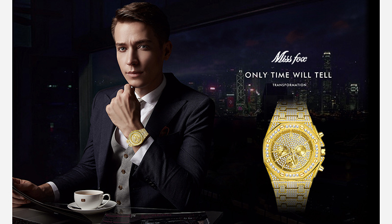 Ceas MISSFOX, ceas de mână pentru bărbați, stil european și american, stil hip-hop, cu diamant complet, cadran octogonal, impermeabil, cu trei ochiuri, en-gros_voghion.com