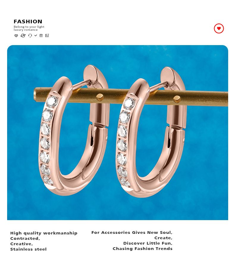 Eleganti orecchini tondi alla moda in oro rosa con anello rotondo, semplici orecchini in acciaio inossidabile con sette diamanti intarsiati esagerati_voghion.com