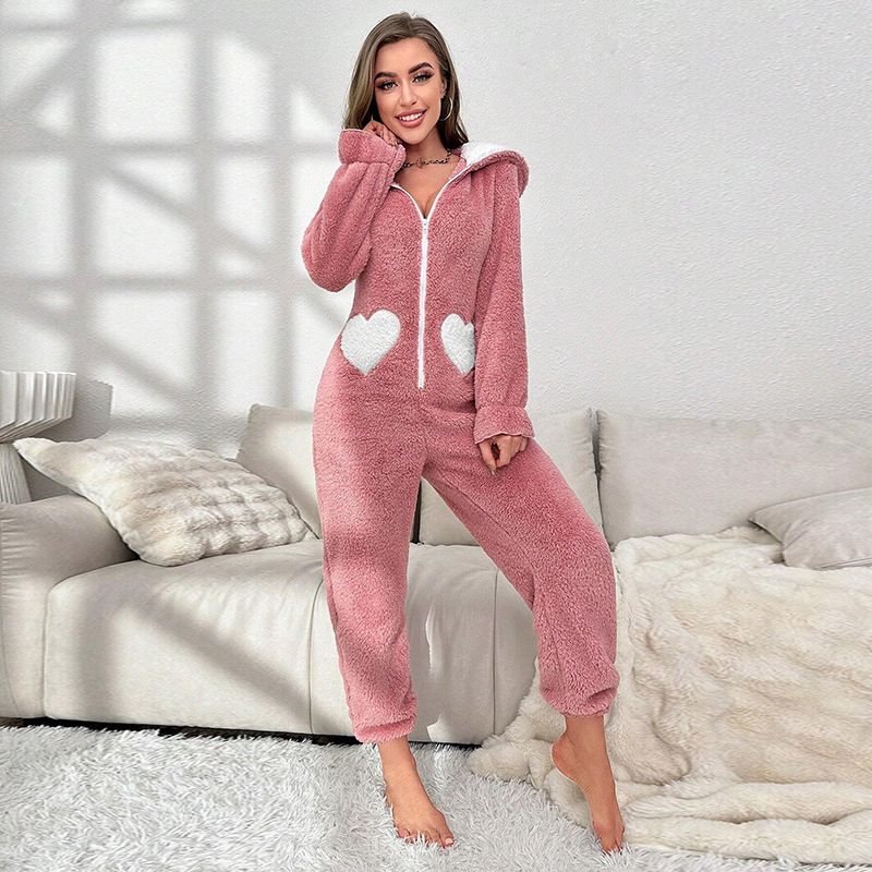Bonnet à oreilles de lapin de couleur contrastée, fermeture éclair sur le dessus, idéal pour l'automne et l'hiver, pyjama chaud et confortable_voghion.com