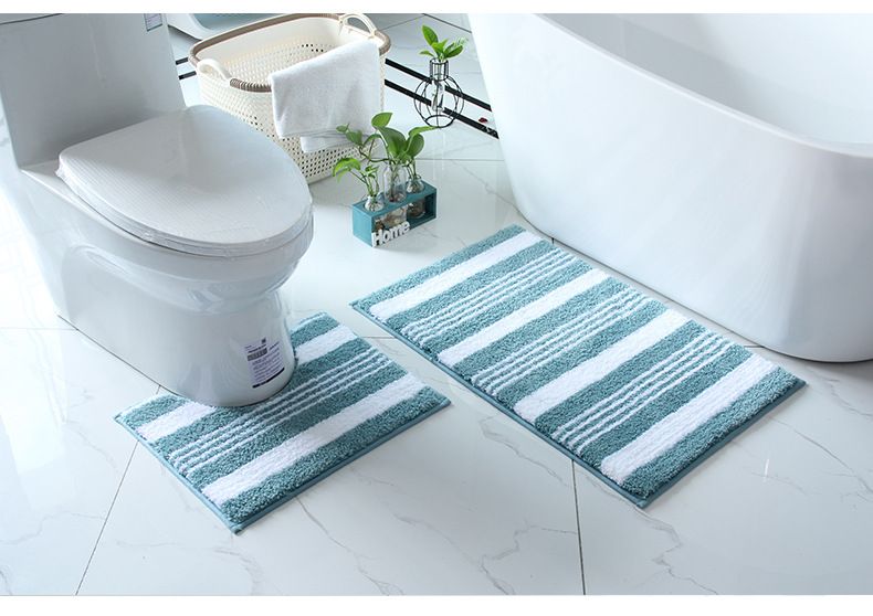 Set di tappetini da bagno antiscivolo a righe (2 pezzi), moderno tappetino per WC a forma di U e tappetino per doccia rettangolare - Tappetino in morbido poliestere lavabile in lavatrice ad asciugatura rapida_voghion.com
