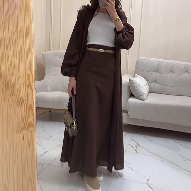 Luxe satijnen cardigan met pofmouwen en rokset - elegante tweedelig kamerjas met verstelbare bandjes (olijfgroen, XS-XXL)_voghion.com
