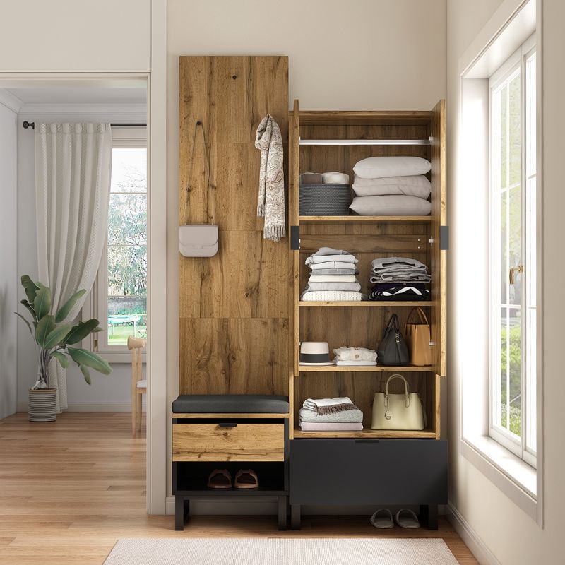 Ensemble Garderoben avec banc à chaussures et coussin, accessoires suspendus à l'avant, tiroirs et étagères réglables_voghion.com