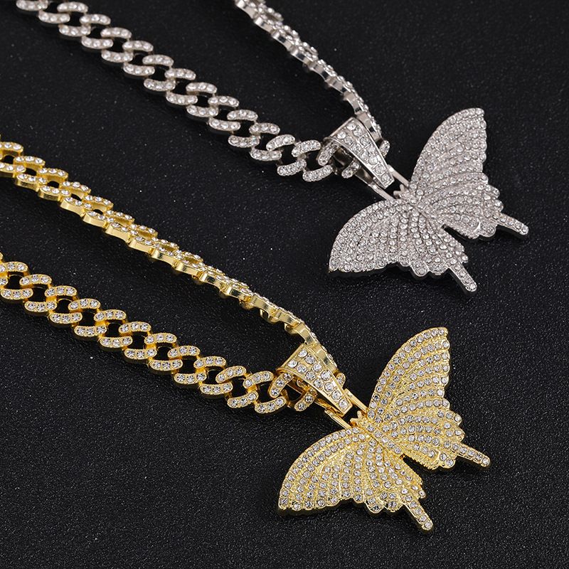 Street Hip-Hop Rhinestone Butterfly Hiphop Trendy Couple Cuban Necklace Pendant_voghion.com