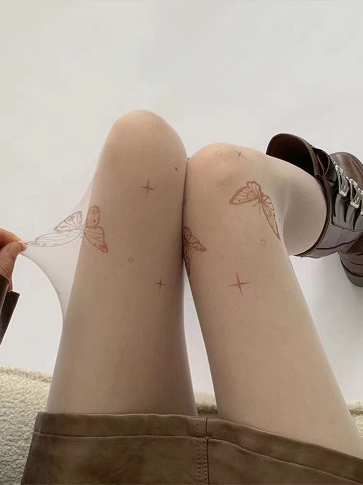 Neue weiße Strümpfe aus reinen Anti-Haken-Strümpfen für Damen im Frühjahr und Herbst mit schwarzem Schmetterlings-Tattoo-Druck, Strumpfhosen-Leggings_voghion.com