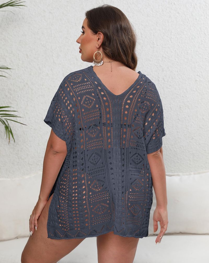 Women's bikini cover-up large size women's woven shirt hollow deep V beach dress_voghion.com