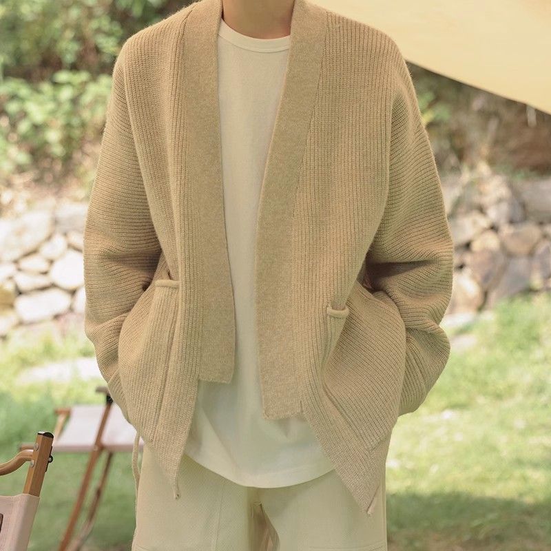 Roupas masculinas Outono e inverno novo suéter de gola dobrada de alta qualidade jaqueta novo estilo gravata robe preguiçoso cardigan de malha roupa masculina_voghion.com