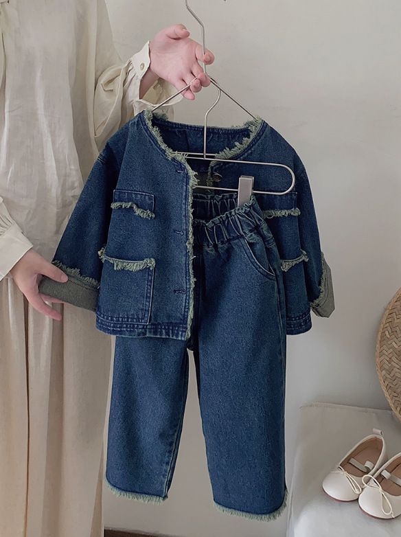 Abbigliamento per bambini, giacca di jeans con bordo grezzo, moda retrò, pantaloni a gamba larga_voghion.com