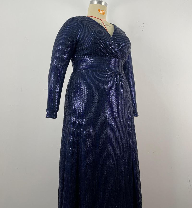 Elegant Plus Size Evening Gown With Sequins - V-Neck Long Sleeve Formal Dress For Wedding, Banquet & Special Occasions (Blue/Black/Wine Red, 0XL-5XL)_voghion.com