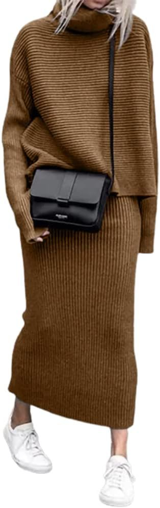 Pull à col roulé, couleur unie, mode décontractée, jupe tricotée, costume deux pièces_voghion.com