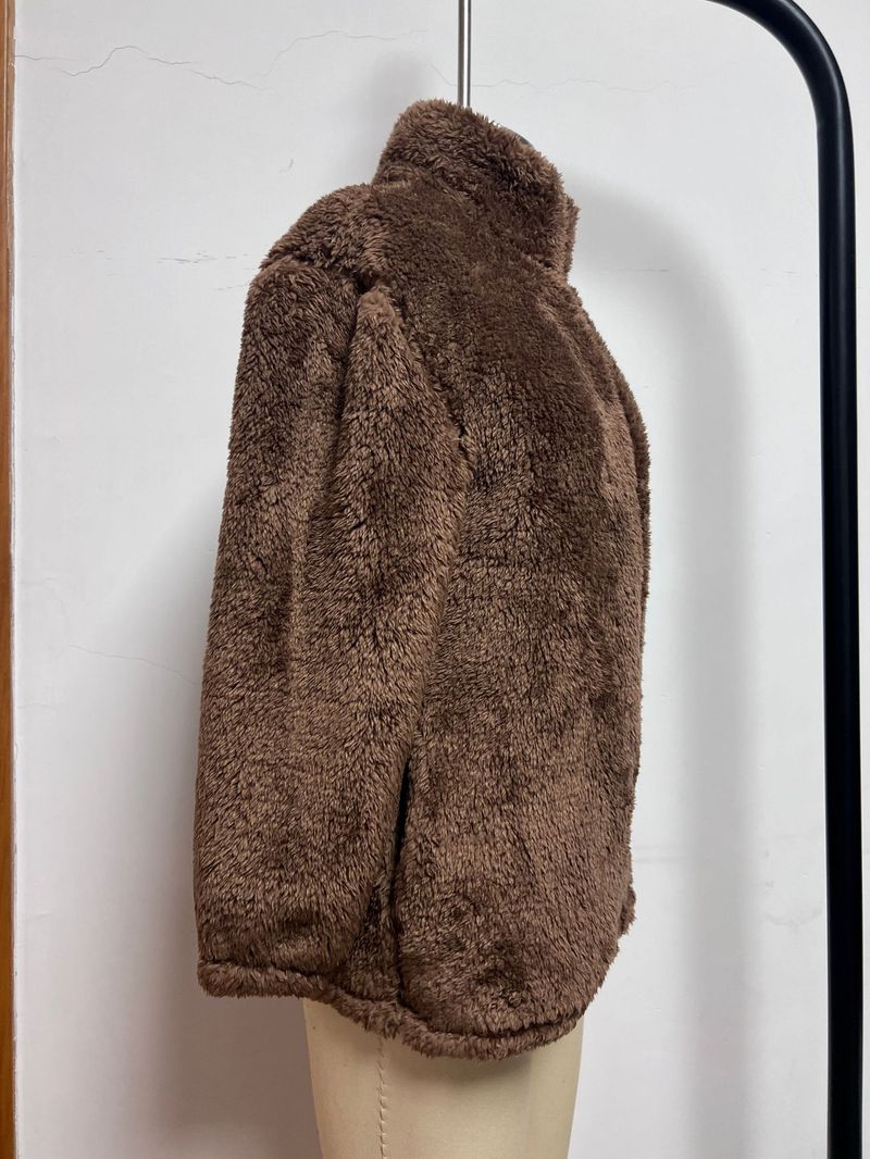 Cozy Fleece Lined Zip-Up Jacket For Women Men Oversized Winter Coat With Stand Collar & Deep Pockets, Thickened Polyester Outerwear (Dark Brown)_voghion.com