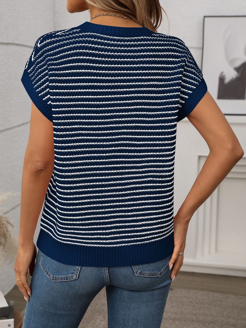 Suéter feminino casual listrado de malha, gola redonda, boêmio, solto, com detalhes em crochê, manga 3/4, pulôver_voghion.com