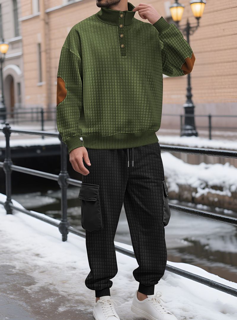 Conjunto de sudadera con capucha y joggers de punto a cuadros para hombre: 2 piezas, estilo informal de negocios, 100 % poliéster, resistente a las arrugas y transpirable._voghion.com