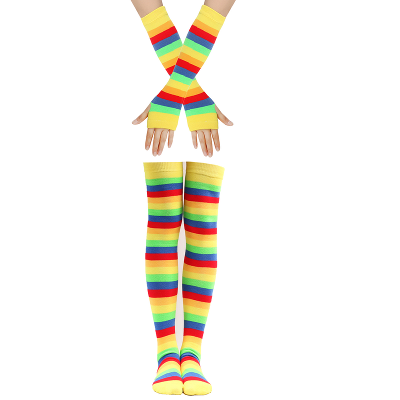 Regenbogensocken, hohe Socken, Kniestrümpfe aus Baumwolle, bunt gestreifte Handschuhe für Damen, Party-Requisiten-Set_voghion.com