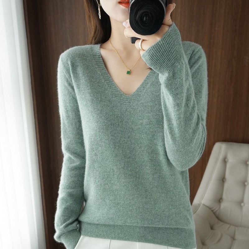 K New Women's Knitted Sweater With V-neck Long Sleeves Pullover Top Plain Color Loose Base Layer Slimming Wearable Outside. No Accessories_voghion.com