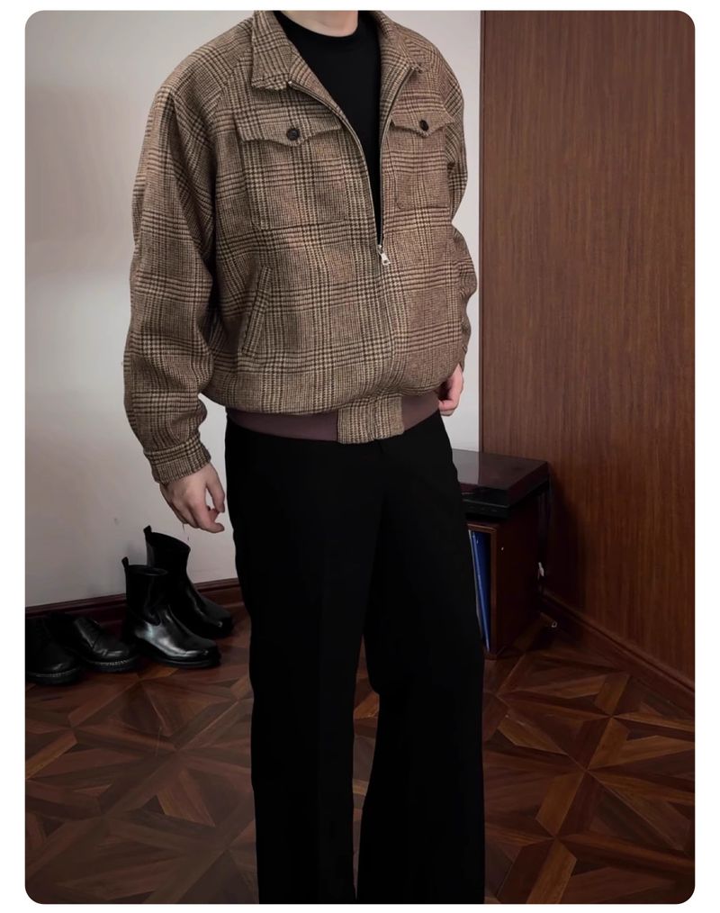 Klassische karierte Harrington-Jacke für Herren – Wollmischung, bequeme Passform, Stehkragen, Reißverschluss vorne, lange Ärmel, lässige Oberbekleidung für Herbst und Frühling_voghion.com