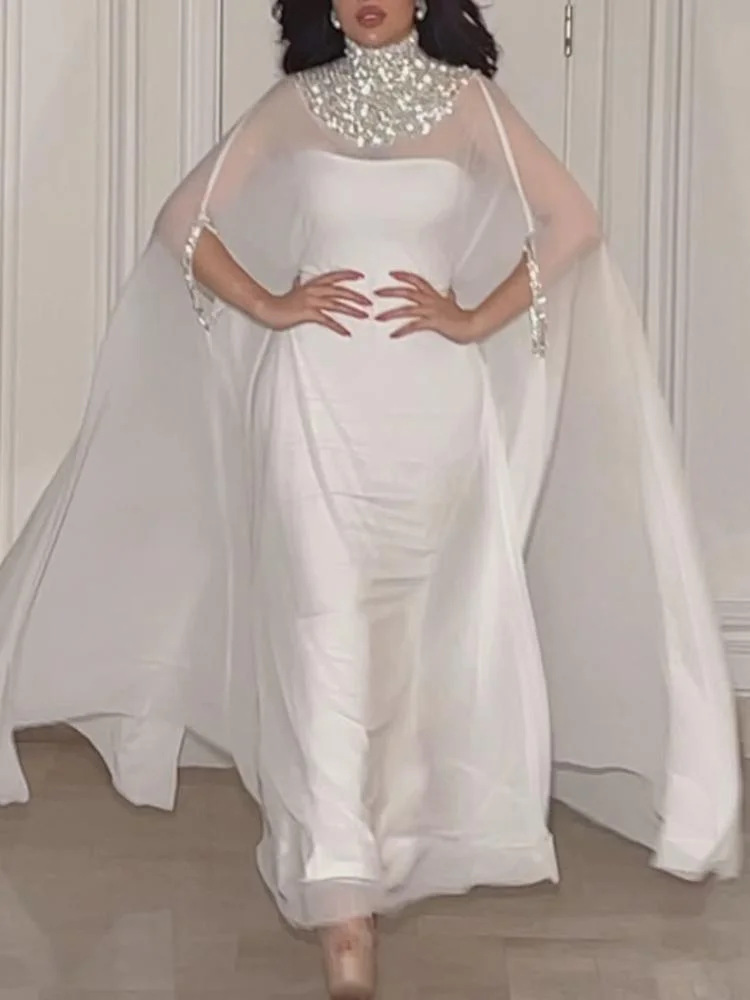 Vêtements pour femmes, nouvelle mode, châle à paillettes en métal, jupe longue fendue_voghion.com