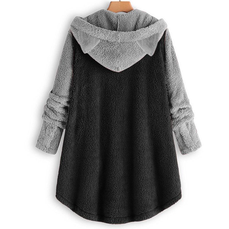 Women's Clothing Autumn And Winter Button Hooded Cat Ear Plush Top Irregular Trendy Brand Color Matching Jacket For Women_voghion.com