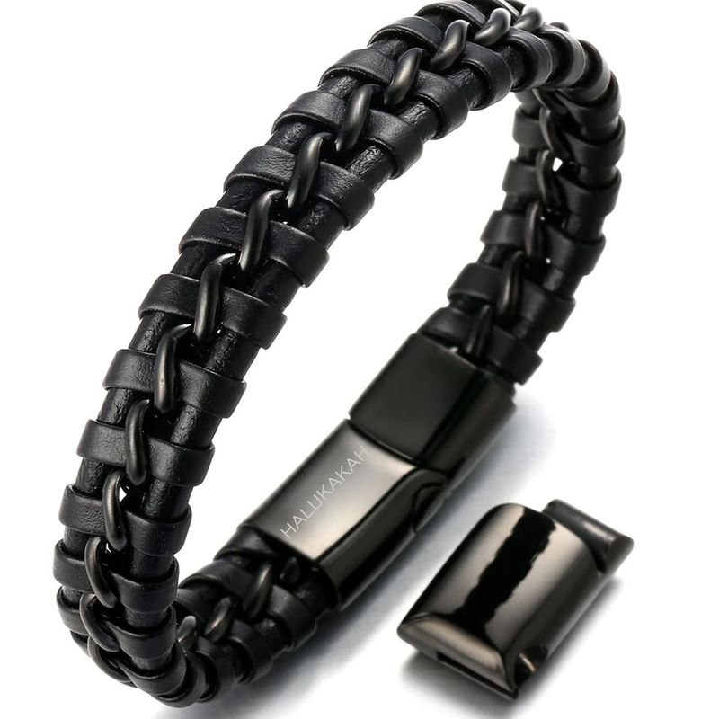 Bracelet en cuir à double chaîne en or gravé avec boucle d'extension en titane et acier cubain tissé_voghion.com