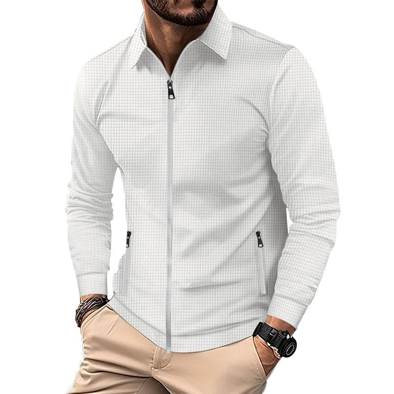 Men's Clothing Men's Waffle Knit Zip-Up Jacket With Stand Collar - High Street Casual Autumn Coat For Men_voghion.com
