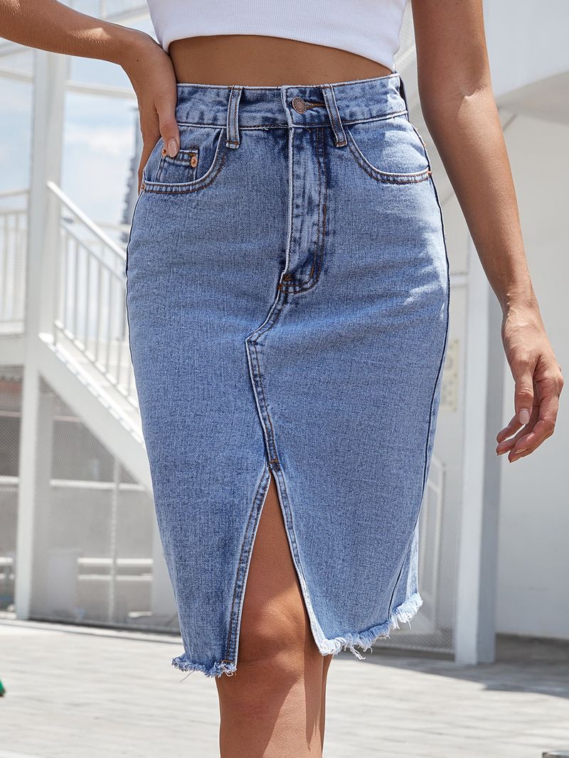Dameskleding Eenvoudige denim rok Modieuze heup gewikkelde splitrok_voghion.com