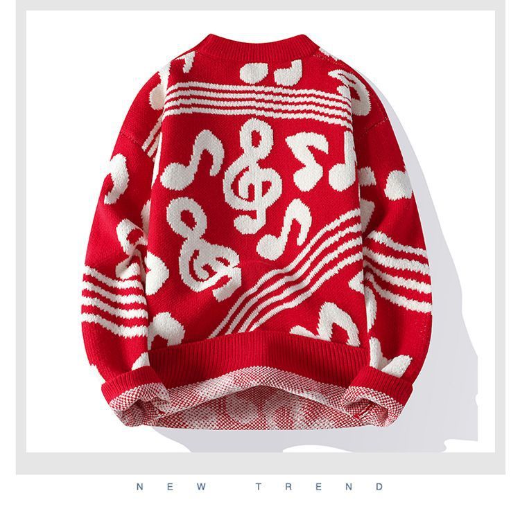 Herrenpullover, locker gestrickt, mit Jacquard-Stickerei und Musikmotiven – Kuscheliger Winterpullover für Damen und Herren_voghion.com