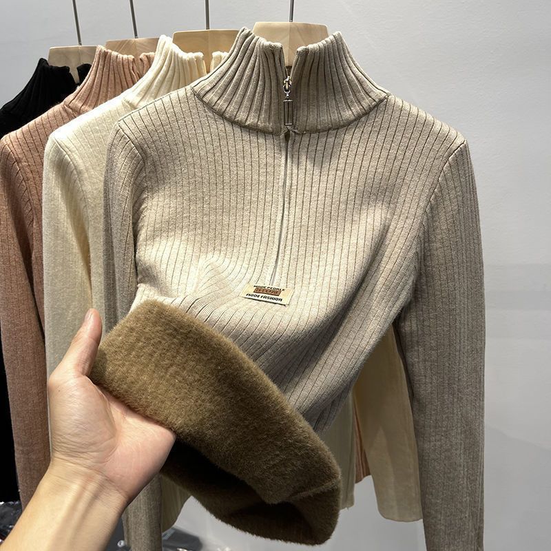 Suéter feminino de malha com forro de lã – Camada de base térmica com gola semi-tartaruga (bege/marrom/branco/rosa/azul/preto) para uso em camadas de outono e inverno_voghion.com